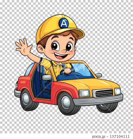 Happy boy in yellow construction hat waving from colorful toy car, cheerful and playful scene with bright colors and joyful expression 137104111