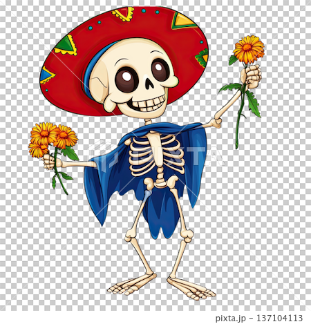 Cheerful skeleton wearing colorful sombrero and blue cape, holding flowers, celebrating Day of Dead with joyful expression and festive attire 137104113