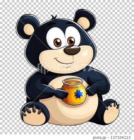 Cute cartoon bear holding jar of honey, smiling happily, with big expressive eyes and friendly appearance, perfect for children books 137104123
