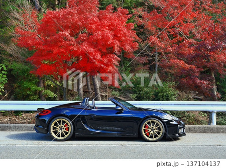紅葉と黒いオープンカー 137104137
