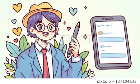 cheerful cartoon character in suit and hat holding stylus, with smartphone displaying messages, surrounded by hearts and flowers 137104138