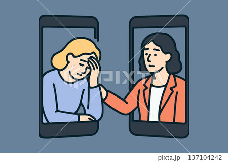 Two women appear on phone screens, one comforting the sad other, in a flat cartoon style on a blue background, concept of virtual empathy 137104242