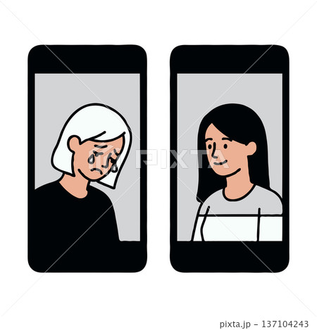 Illustration of two women on phone screens, one crying, one smiling, on white background. Concept of emotional support through technology, Online therapy session 137104243