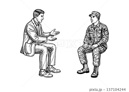 Businessman talking to soldier sitting across from him on white background sketch. 137104244