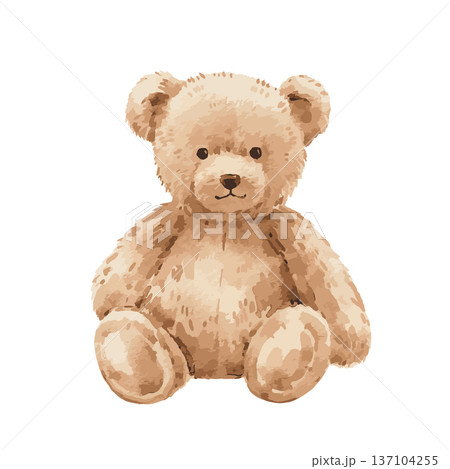 Vintage Watercolor Teddy Bears Set, vector cute hand painted plush toys in different poses, sweet retro nursery illustration collection isolated on light background for baby decor 137104255
