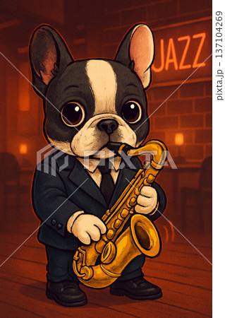 ジャズバーで演奏するフレンチブルドッグ（AIイラスト） 137104269