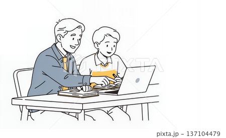 OJTや新人教育で後輩に優しく指導する先輩ビジネスパーソンのイラスト 137104479