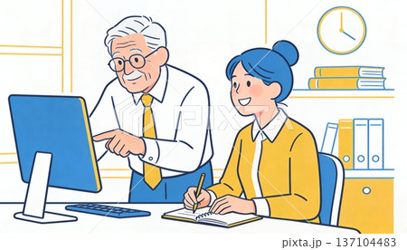 OJTや新人教育で後輩に優しく指導する先輩ビジネスパーソンのイラスト 137104483