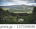 hikers walks on stony path besind river on the European mountains in summer 137104686