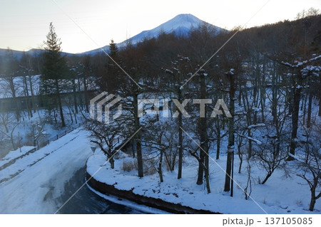 View of Mt. Fuji from the Marriott Hotel at Lake Yamanakako in Yamanashi prefecture of Japan in the evening 137105085