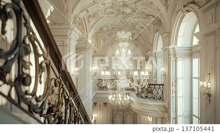 elegant chandelier hangs from an arched balcony in the grand staircase casting soft light on detailed carvings and white marble walls, creating a warm ambiance 137105441