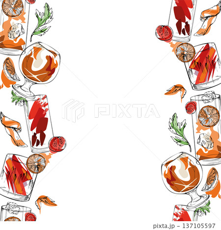 Aperol spritz, Bloody Mary, Old-fashioned brandy and Negroni seamless banner, simple ink silhouettes. Hand drawn vector strip for digital design, menu borders, lifestyle pages, stationery packaging. Aperol spritz, Bloody Mary, Old-fashioned brandy and Negroni seamless banner, simple ink silhouettes. Hand drawn vector strip for digital design, menu borders, lifestyle pages, stationery packaging. 137105597