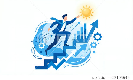 目標に向かって階段を力強く駆け上がるビジネスマンの成功イメージイラスト 137105649