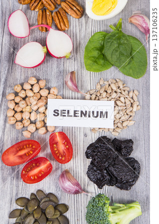 Healthy food and various ingredients containing natural selenium and other vitamins and minerals Healthy food and various ingredients containing natural selenium and other vitamins and minerals 137106235