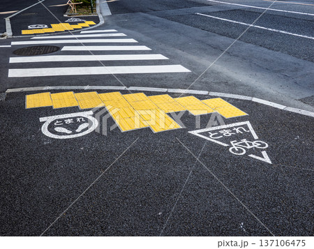 歩道上に設置された自転車用「とまれ」路面標示と点字ブロック 歩道上に設置された自転車用「とまれ」路面標示と点字ブロック 137106475