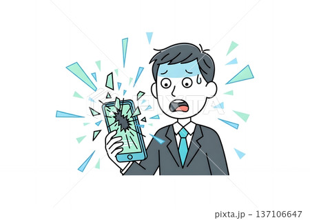 スマートフォンの画面が激しく割れて絶望する男性のイラスト 137106647