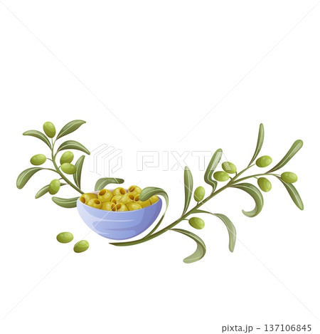 Pickled olives in a bowl and olive branches 137106845