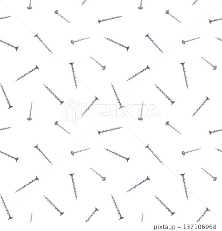 Seamless pattern with screws on an isolated background. Watercolor illustration of a realistic working tool for fixation. It is suitable for packaging, wallpaper, and workshop decoration. Seamless pattern with screws on an isolated background. Watercolor illustration of a realistic working tool for fixation. It is suitable for packaging, wallpaper, and workshop decoration. 137106968