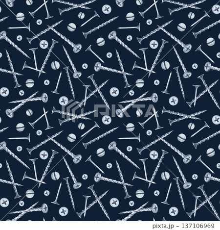 Seamless pattern with screws and nails on a dark background. Watercolor illustration of a realistic working tool for home renovation. Background for packaging, wallpaper, wrapping paper. Seamless pattern with screws and nails on a dark background. Watercolor illustration of a realistic working tool for home renovation. Background for packaging, wallpaper, wrapping paper. 137106969