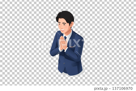 插圖描繪了一位男性辦公室職員道歉和祈禱的場景，解釋了商務禮儀以及如何處理問題。 137106970