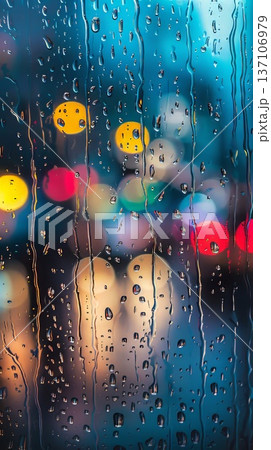 Raindrops on a window with blurred colorful city lights in the background. Abstract style, night cityscape, mood of tranquility and contemplation 137106979