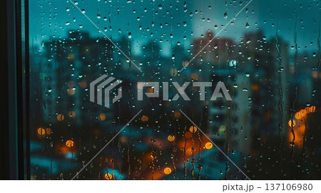 Raindrops trickling down a windowpane with a blurred cityscape in the background at night. Moody, urban view with bokeh lights 137106980
