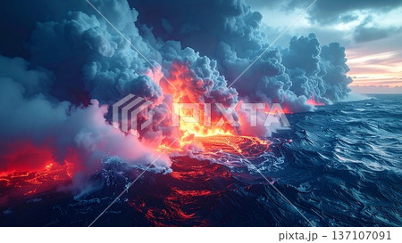 海へ流入する灼熱の溶岩と激しく沸き立つ巨大な水蒸気（自然の神秘・背景素材） 137107091