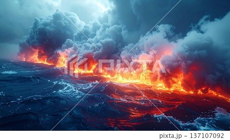 海へ流入する灼熱の溶岩と激しく沸き立つ巨大な水蒸気(自然の神秘・背景素材) 海へ流入する灼熱の溶岩と激しく沸き立つ巨大な水蒸気(自然の神秘・背景素材) 137107092