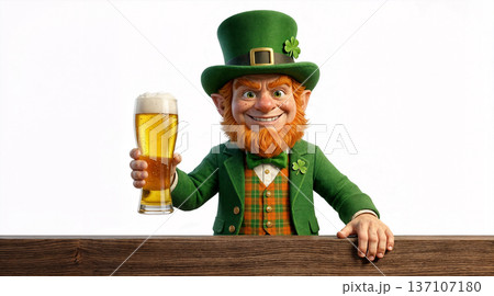 A high-quality 3D render of a cheerful leprechaun holding a pint of beer while standing behind a wooden bar counter. 137107180