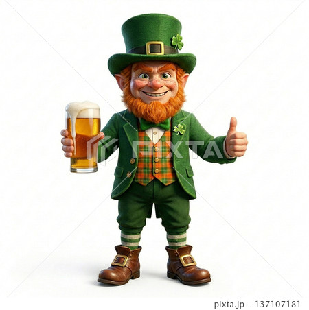 A high-quality 3D render of a cheerful leprechaun holding a glass of beer and giving a thumbs up. He is dressed in a traditional green St. Patrick's Day costume 137107181
