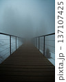 Wooden bridge pathway vanishing into thick fog 137107425