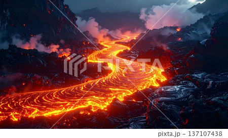 火山から流出する灼熱の溶岩流(マグマ・夜景・背景素材) 火山から流出する灼熱の溶岩流(マグマ・夜景・背景素材) 137107438
