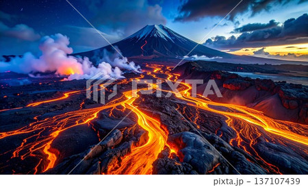 広大な火山地帯を分岐して流れる灼熱の溶岩の河と立ち上る噴煙(空撮・背景素材) 広大な火山地帯を分岐して流れる灼熱の溶岩の河と立ち上る噴煙(空撮・背景素材) 137107439