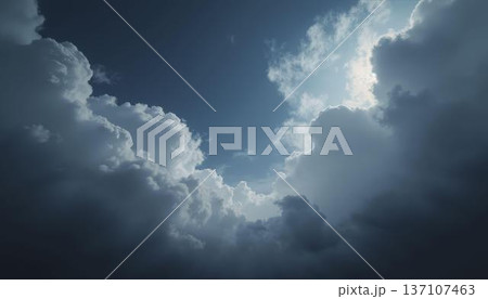 Wide Shot of Dramatic Dark and Bright Cloud in Blue Sky with Copy Space 137107463