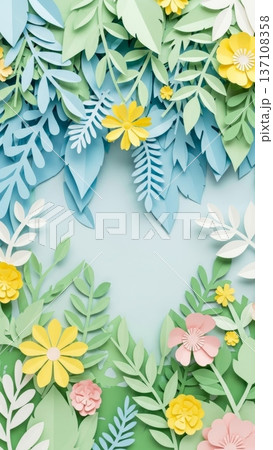 Vertical paper cut floral border background with pastel leaves and yellow flowers for greeting card or wallpaper Vertical paper cut floral border background with pastel leaves and yellow flowers for greeting card or wallpaper 137108358