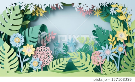 Wide layered paper jungle scene with tropical leaves and pastel flowers for banner background and poster design 137108359