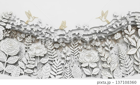 White paper botanical relief background with intricate cutout flowers and gold hummingbirds for elegant wall poster design 137108360