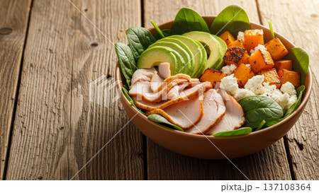Sliced turkey chicken avocado spinach bowl with roasted sweet potato and feta for healthy menu background and food blog banner 137108364