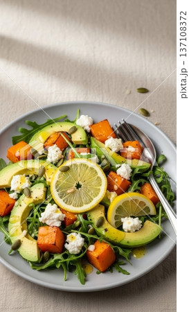 Close-up avocado and roasted squash arugula salad with lemon slices and ricotta for restaurant menu and social media banner 137108372