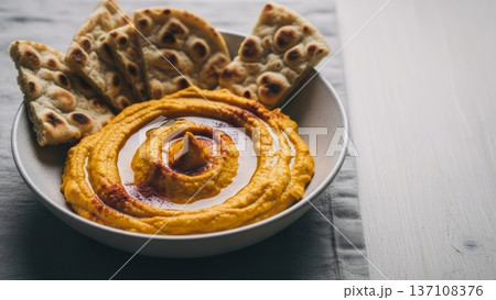 Golden roasted pumpkin hummus served with torn flatbread pieces for autumn appetizer background and restaurant menu banner Golden roasted pumpkin hummus served with torn flatbread pieces for autumn appetizer background and restaurant menu banner 137108376