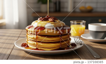 Stack of fluffy pancakes with syrup whipped cream and pecans for breakfast table background and food banner Stack of fluffy pancakes with syrup whipped cream and pecans for breakfast table background and food banner 137108385