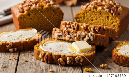 Sliced pumpkin walnut bread with butter and chopped nuts for autumn breakfast background and baking recipe banner 137108389