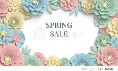 Spring sale floral frame with layered pastel paper flowers for seasonal banner and promotional background design Spring sale floral frame with layered pastel paper flowers for seasonal banner and promotional background design 137108501