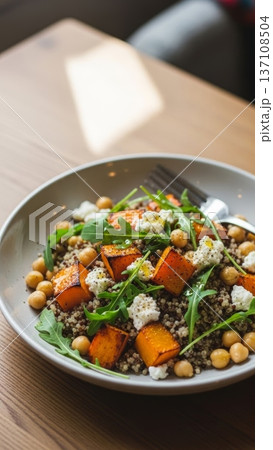 Roasted squash chickpea quinoa salad with arugula and cheese in a bowl for healthy lunch background and menu design Roasted squash chickpea quinoa salad with arugula and cheese in a bowl for healthy lunch background and menu design 137108504