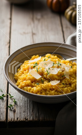Creamy saffron risotto with shaved parmesan in a rustic bowl for menu, food blog background and restaurant presentation Creamy saffron risotto with shaved parmesan in a rustic bowl for menu, food blog background and restaurant presentation 137108505