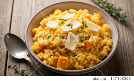 Creamy pumpkin risotto with shaved parmesan and thyme for autumn menu background and cozy dinner banner Creamy pumpkin risotto with shaved parmesan and thyme for autumn menu background and cozy dinner banner 137108508