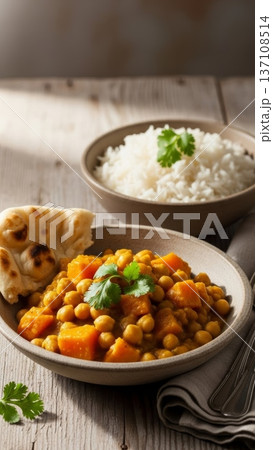 Chickpea curry with rice and naan served in bowl for food menu and recipe card presentation 137108514