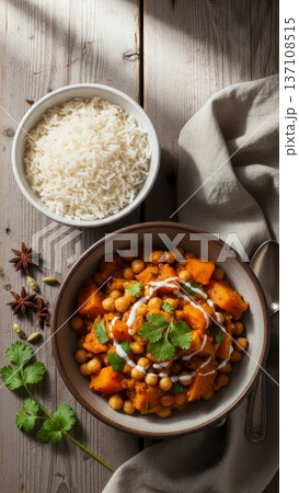 Top view chickpea curry bowl with rice and cilantro for menu background and recipe layout design Top view chickpea curry bowl with rice and cilantro for menu background and recipe layout design 137108515