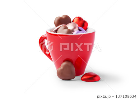 Red cup with heart shaped chocolates isolated on white background, Valentine's Day, romantic or gift concepts Red cup with heart shaped chocolates isolated on white background, Valentine's Day, romantic or gift concepts 137108634