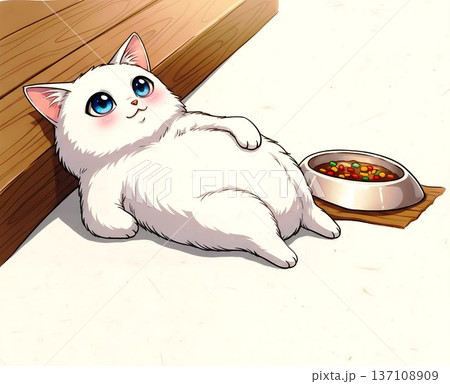 【もう食えにゃいにゃ〜】だらけた豚猫のイラスト/ベクター済み 137108909